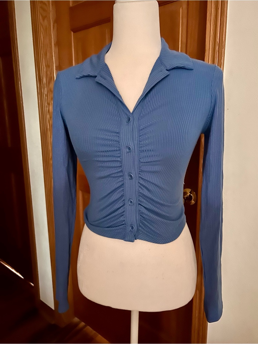 Reformation Blue Ribbed Ruched Button-Down Top